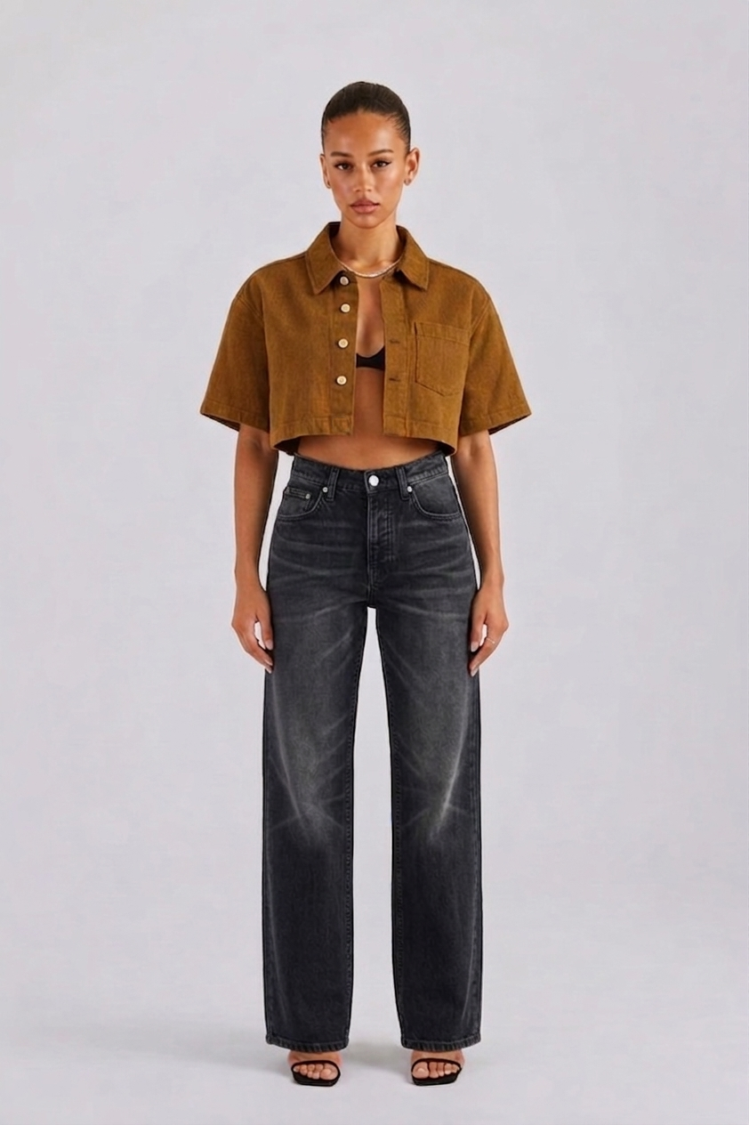 Women's cropped denim shacket in mustard — Clutch Denim SA